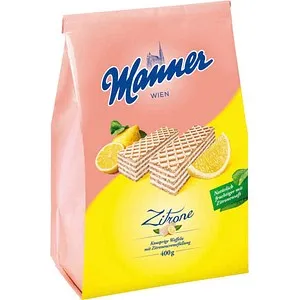 Manner Waffeln Schnitten Zitrone – Vegan & Laktosefrei, 400 g - Knusprige Waffeln mit fruchtiger Zitronencreme. Ideal für den Genuss mit Heißgetränken. Vegan und laktosefrei, für bewusste Naschkatzen.