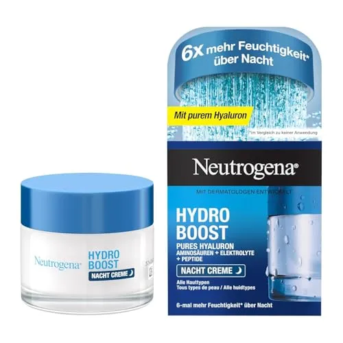 Neutrogena Hydro Boost Nacht Creme 50 ml - Nachtpflege für alle Hauttypen – Intensiv feuchtigkeitsspendende Creme mit 6x mehr Feuchtigkeit durch Hyaluronsäure, ideal für glatte und erholte Haut am Morgen.