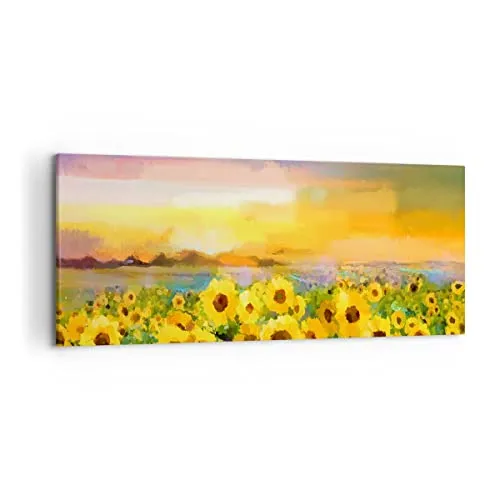 Wandbilder Dekoration Wohnzimmer Sonnenblumen Blume Panorama Bilder auf Leinwand 120x50cm Leinwandbild Schlafzimmer Küche Wand Kunstdruck Art Groß Wanddeko Bild Wall Decor Canvas AB120x50-3775
