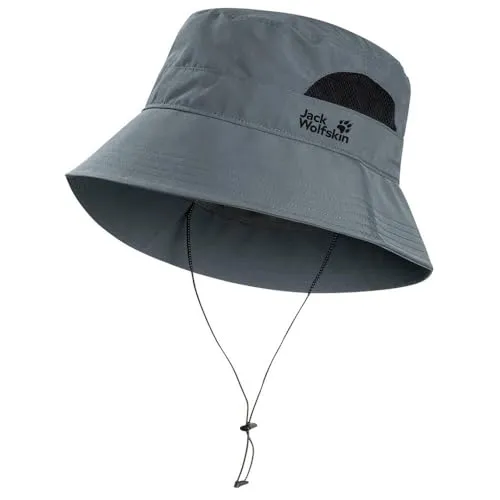 Jack Wolfskin Vent Bucket Hat grau Odessa (F0303) M – Leichter Fischerhut - Der Jack Wolfskin Vent Bucket Hat ist ideal für Wanderer. Mit UV-Schutz, atmungsaktiven Mesh-Seiten und verstellbarem Kinnriemen bietet er hohen Komfort und Funktionalität beim Outdoor-Einsatz.