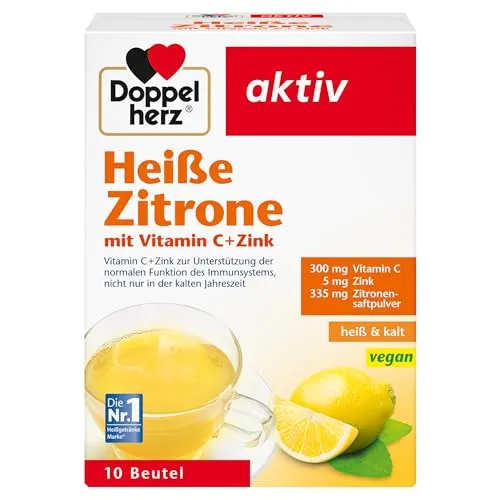 Doppelherz Heiße Zitrone mit Vitamin C + Zink 10 St - Nahrungsergänzungsmittel mit erfrischendem Geschmack, unterstützt das Immunsystem dank Vitamin C und Zink, ideal für die kalte Jahreszeit.