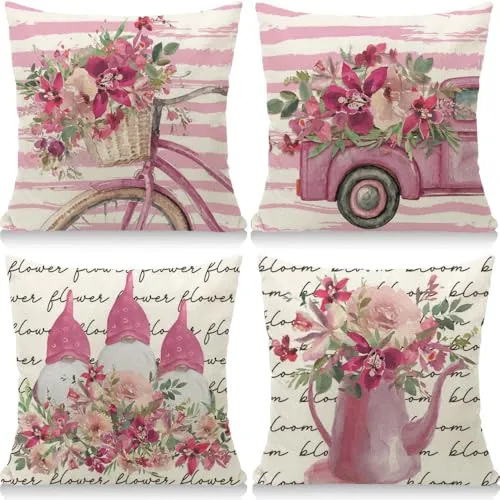 Cirzone Outdoor Kissen Dekorative Wasserfest 4 er Frühling Kissenbezug 45 x 45 cm Gartenkissen Wetterfest Atmungsaktiv GNOME Rosa LKW Kissenbezug Werden für Heim Sofak Garten