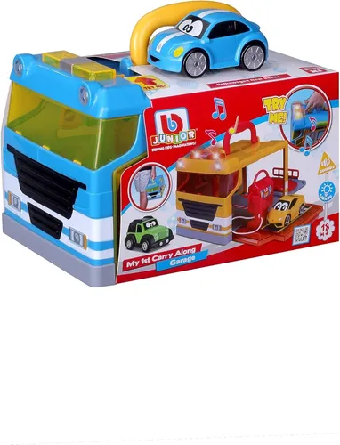 BB Junior My 1st Carry Along Garage mit VW New Beetle - Transportable Parkgarage für kleine Auto-Fans ab 18 Monaten. Sofort bespielbar mit enthaltenem VW New Beetle. Mit Werkstatt-Design, Tankstelle und Hebebühne für kreativen Spielspaß und Förderung der Vorstellungskraft.