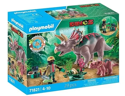PLAYMOBIL Triceratops mit Jungtier - Dino Abenteuer Spielset - Spielfigur Spielsets: Erlebe spannende Dino-Abenteuer mit beweglichem Triceratops und Baby, inklusive Forscherzubehör und Wissenskarte für kleine Entdecker ab 4 Jahren.