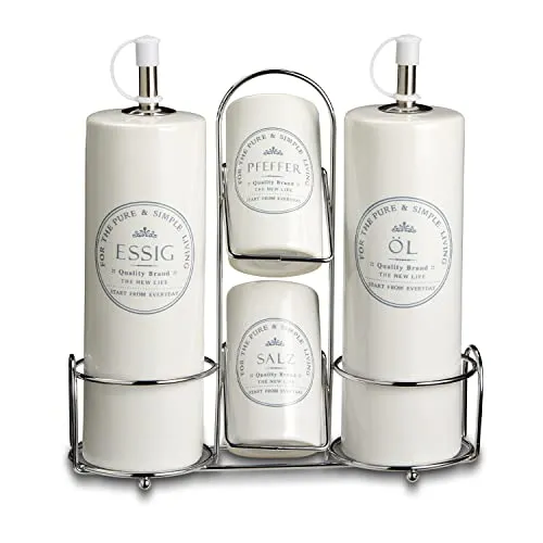 KHG Menage Set, Öl- & Essig-Spender Salz- & Pfefferstreuer, Öl Essig Dosierer, Salz & Pfeffer Streuer, Weiß Keramik Steingut gänzend glasiert, Edelstahl-Halterung, Landhaus Vintage Stil, beschriftet