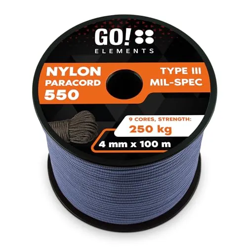 GO!elements 100m Paracord Seil - Reißfeste Nylonschnur für Outdoor & Handwerk - Reepschnüre - Wetterbeständiges Paracord 550 Typ III mit 250kg Tragkraft, ideal für vielseitige Anwendungen im Freien und bei Handwerksarbeiten.