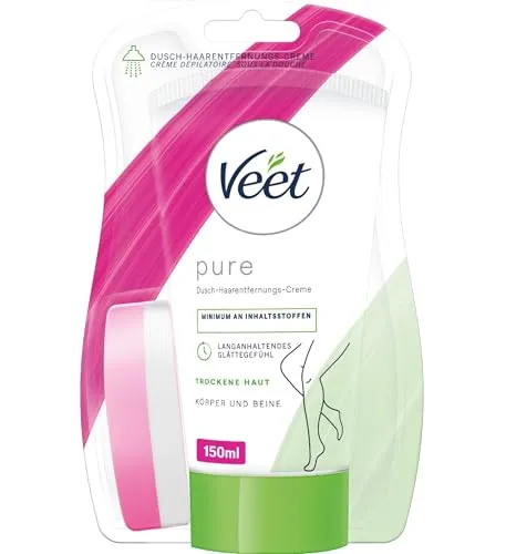 Veet Pure Dusch-Haarentfernungscreme für Körper, Arme & Beine - 150 ml - Enthaarungsmittel für die Dusche, ideal für trockene Haut und schnelle Anwendung in nur 4-6 Minuten für langanhaltende Glätte ohne Rasieren.