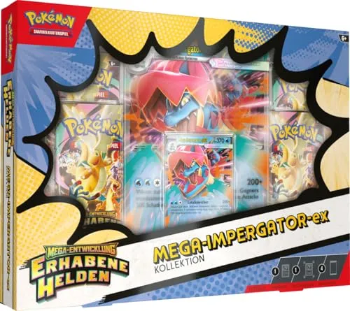 Pokémon-Sammelkartenspiel: Kollektion Mega-Entwicklung – Erhabene Helden - Entdecke die Kraft von Mega-Impergator-ex in dieser spannenden Sammlung! Enthält 4 Boosterpacks, eine holografische Promokarte und eine überdimensionale Wackelbildkarte. Perfekt für Sammler und Spieler!
