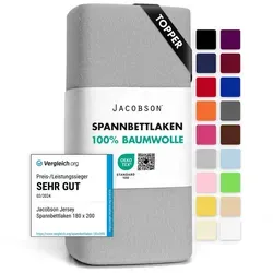 Jacobson Spannbettlaken TOPPER aus 100% Baumwolle, Jersey Bettlaken 160 g/m2, Spannbetttuch mit Gummizug, pflegeleicht & viele Farben grau 120 - 130 cm x 200 cm