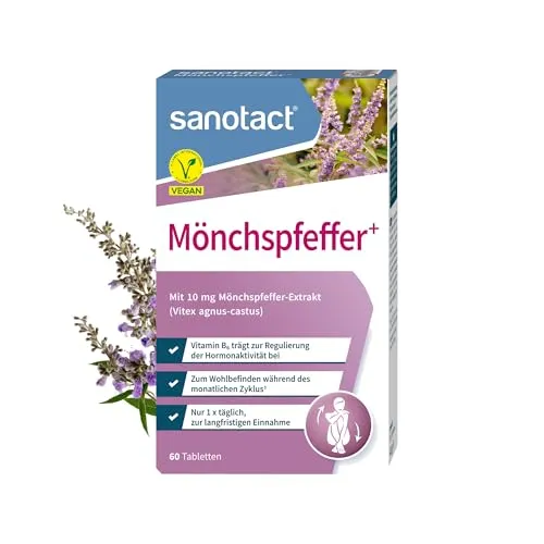 sanotact Mönchspfeffer Tabletten hochdosiert – 15 mg – vegan – 60 Tabletten – Made in Germany - Optimale Unterstützung für das Wohlbefinden während des Zyklus. Mit 15 mg hochdosiertem Mönchspfeffer-Extrakt und wertvollen Vitaminen. Ideal für Veganer, ohne tierische Bestandteile.