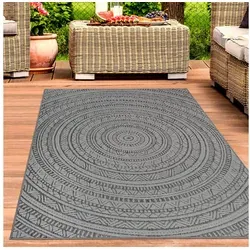 Carpetia Outdoorteppich – Runder Outdoor-Teppich mit Ethno-Muster in elegantem Anthrazit - Robuster runder Outdoorteppich (200 cm x 280 cm) aus 100 % Polypropylen, wasser- und schmutzabweisend, ideal für den geschützten Außenbereich und mit strapazierfähiger Oberfläche.