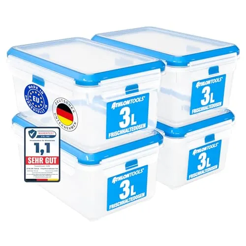 ATHLON TOOLS 4x 3L Frischhaltedosen-Set - Luftdicht & Auslaufsicher - Praktisches 4er Set Frischhaltedosen in Gastro-Qualität. 100% luftdicht, stapelbar und BPA-frei. Ideal für die Aufbewahrung von Lebensmitteln im Kühlschrank oder Gefrierfach.