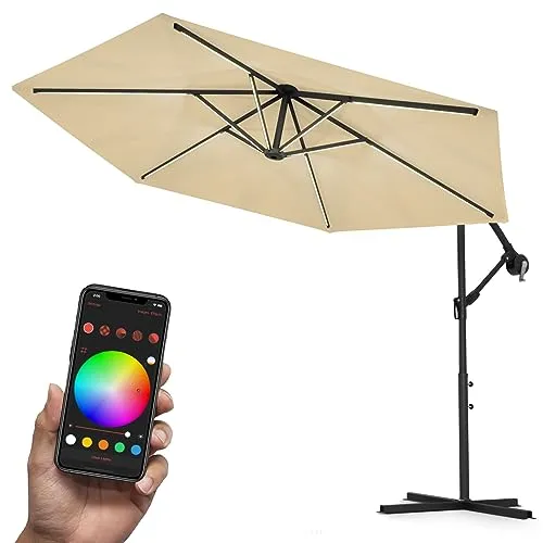 Swing&Harmonie RGB Sonnenschirm mit LED Beleuchtung, 300/350 cm - Sonnenschirm mit über 16 Millionen RGB-Farben, steuerbar per APP und Fernbedienung. Ideal für stimmungsvolle Gartenpartys und entspannte Abende.