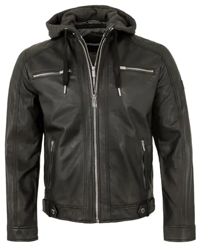 bruno banani Herren Lederjacke mit Kapuze aus Lammnappa - Sportlich-rockige Herren Lederjacke aus 100 % echtem Lammnappa, ausgestattet mit abnehmbarer Kapuze und praktischen Reißverschlusstaschen für optimalen Komfort im Alltag.