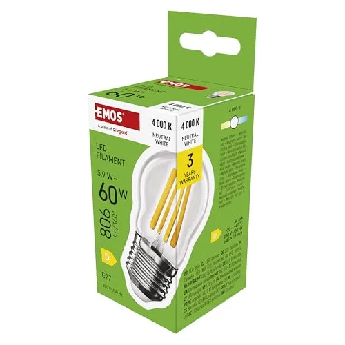 EMOS LED Lampe Edison MiniGlobe, 5,9W Ersatz für 60W Glühbirne, runde Vintage-Glühlampe mit E27 Sockel und Helligkeit 806 lm, Neutralweiß 4000 K, 25000 h Lebensdauer, CRI > 80, 360° Abstrahlwinkel