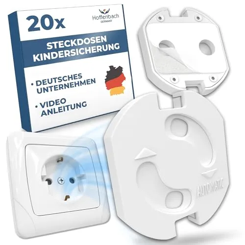 Hoffenbach Steckdosen Kindersicherung 20x – Sicherer Steckdosenschutz für Babys - Kompatibel mit gängigen Steckdosen in Deutschland und Österreich. Die innovative Drehmechanik sorgt für zusätzlichen Schutz, indem sie nur mit beiden Händen entriegelt werden kann. Ideal für sicheres Wohnen.