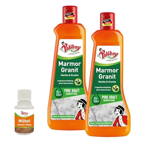 POLIBOY Marmor Granit Pflege - Imprägnierendes Pflegemittel für Naturstein - Bodenreiniger für polierte und matte Natursteine, schützt vor Kratzern und Wasserflecken. Made in Germany, pH-neutral und lösemittelfrei für langanhaltenden Glanz.