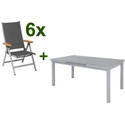 KETTLER Granada Garten-Essgruppe, silber, Alu/Textilene, Tisch 180/240x100cm, 6 Klappstühle