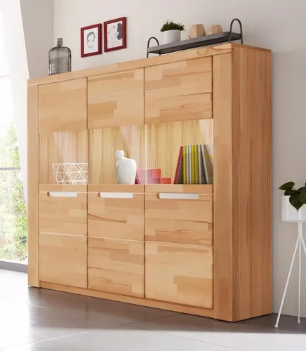 Home affaire Highboard Kolding 140 cm, braun mit Glastüren - Stylisches Highboard in Kernbuche, 3 Glastüren und 8 Fächer bieten viel Stauraum. Pflegeleichte, geölte Oberfläche und FSC®-zertifiziertes Holz sorgen für Nachhaltigkeit.