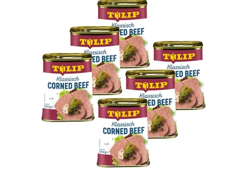 TULIP Wurstkonserve 340g Corned Beef - Leckere Corned Beef Delikatesse in der praktischen Konservendose. Hochwertige Proteinquelle aus 97% Rindfleisch, ideal für schnelle und schmackhafte Gerichte.