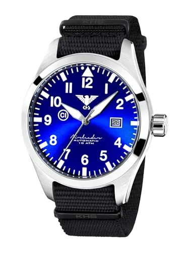 KHS Airleader Steel Automatic KHS.AIRSABLU.NB mit Natoband Schwarz - Robuste Automatikuhr mit Edelstahlgehäuse und kratzfestem Saphirglas. Wasserdicht bis 10 Bar, mit blauem Zifferblatt und praktischer Datumsanzeige. Ideal für den täglichen Gebrauch.
