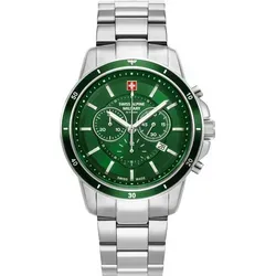 Swiss Alpine Military Douglas Chrono SAM7089.9134 Herrenuhr - Silber/Grün - Chronograph mit präzisem Schweizer Quarzwerk, auffälligem grünen Zifferblatt und 10 ATM Wasserdichtigkeit – ideal für stilbewusste Herren.