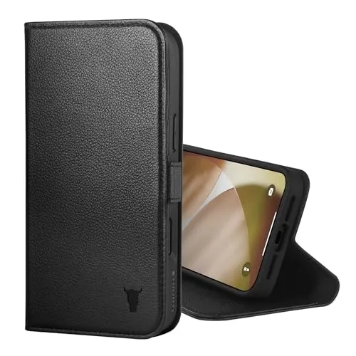 TORRO Echt Leder Hülle für iPhone 17 Pro Max - Schwarz - Klapphülle aus handgefertigtem Rindsleder mit Standfunktion und Kartenfächern, kompatibel mit MagSafe-Ladegeräten, bietet optimalen Schutz und Funktionalität.