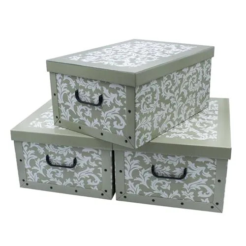 Spetebo 3er Set Aufbewahrungsbox mit Deckel 51 x 37 cm - Barock in oliv - Stapelbox aus Pappe mit Griffen 45 Liter - Organizer Storage Box Allzweck Spielzeug Kiste Geschenk Karton stapelbar