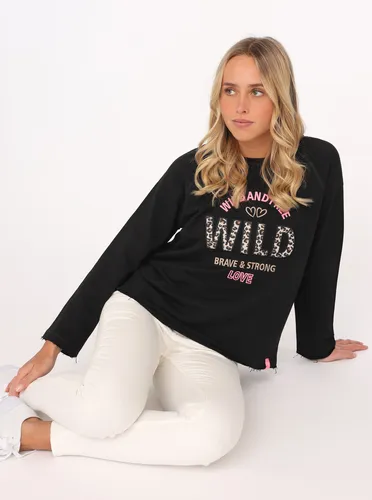 Sweater ""Wild and Free"", mit Used-Look Kanten, Leo Details und Stickerei, Gr. SM (S/M), Schwarz