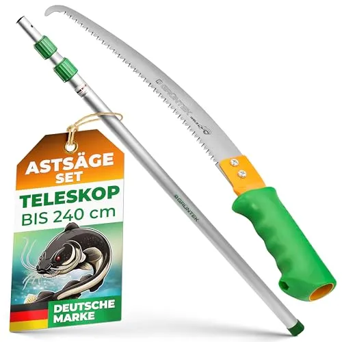 GRÜNTEK Teleskop Astsäge Set WELS - 50 cm Handsäge mit 240 cm Teleskopstange - Sägen: Ideal für schwer erreichbare Stellen, hochwertige Kohlenstoffstahl-Säge mit Dreifachverzahnung für präzises Schneiden ohne Leiter. Ergonomisches Design für komfortables Arbeiten.