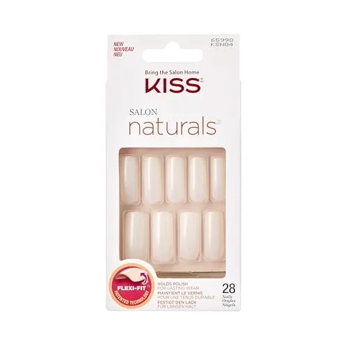 KISS Salon Natural "Go Rouge" natürlich weiß, lange Mandel Coffin Form - 28 Press On Kunst-Nägel zum Aufkleben DIY, 2g Nagelkleber, 1 Maniküre-Stäbchen, 1 Mini-Feile