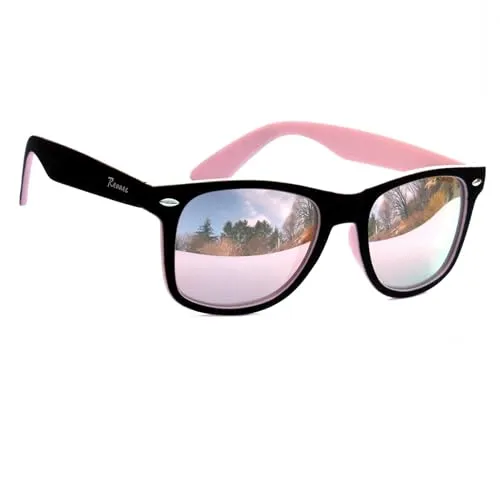 Rennec Damen Sonnenbrille Retro Rosa Verspiegelt Nerdbrille Zweifarbig Schwarz Rose Vintage Design Festivalbrille