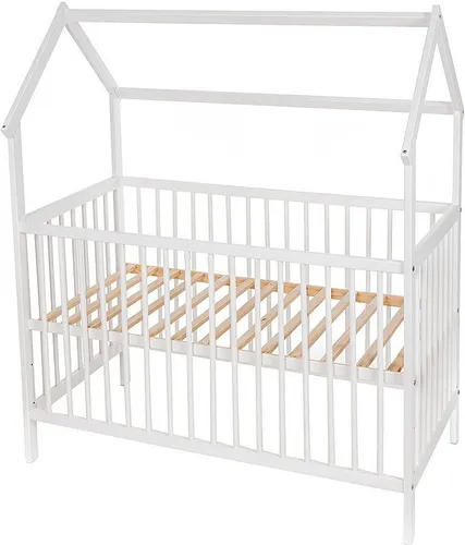Baby-Delux Babybett Hausbett Gitterbett 120x60 weiß höhenverstellbar Beißschienen Schutzgitter Kokos-Buchweizen Matratze