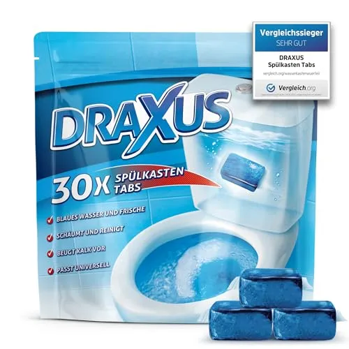 DRAXUS 30x Spülkasten Tabs - WC-Reiniger mit blauer Farbe und Frischeeffekt, sorgt für sauberes Wasser und beugt Kalkablagerungen vor. Einfach in den Spülkasten legen und genießen!