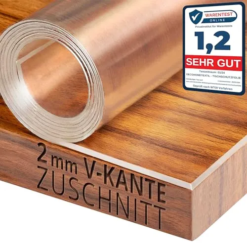 Transparente Schutztischfolie 2mm mit V-Kante - Glasklar und Hochglanz - Hochwertige, reißfeste Tischfolie mit abgeschrägter V-Kante für optimalen Sitz. Ideal zum Schutz Ihrer Tischdecke und Möbel. Erhältlich in Wunschgröße. Perfekt für den Innenbereich!