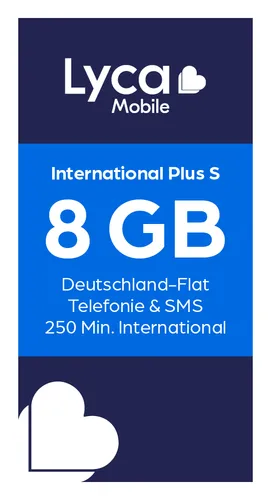 Lyca Prepaid Smartphone SIM Karte ohne Vertrag International Plus S 8GB, 250 Min