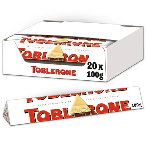 Toblerone weiße Schokolade 20 x 100g - Schokoladenriegel mit feiner Schweizer Schokolade, Honig- und Mandelnougat, ideal zum Teilen dank der praktischen Stücke - ein Genuss in jeder Ecke!