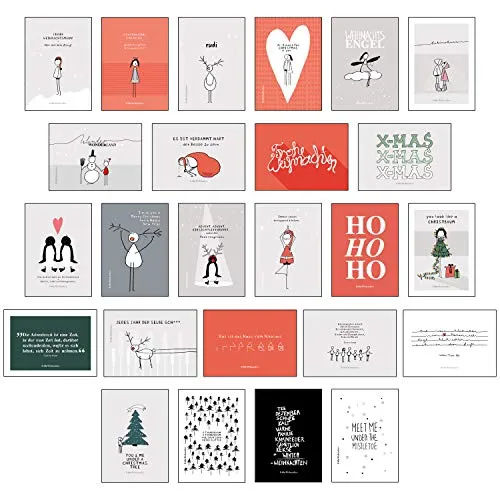 handgemachte Weihnachtskarten: Hochwertiges Weihnachtskarten Postkarten Set mit Detailverliebten und Hand designten hochwertigen Postkarten mit Sprüchen und Zitaten 25