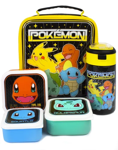 Pokemon Lunch Bag Set: Schwarzer Pikachu & Squirtle - Brotdosen & Aufbewahrungsbeutel, praktisches Set mit Lunchtasche, Flasche und 3 Snack-Töpfen für kleine Pokemon-Fans, ideal für Schule und Ausflüge.