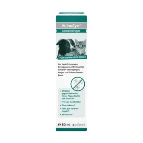 alfavet VulnoCyn KombiReiniger 50 ml – Sanfte Reinigung für Augen & Ohren bei Tieren - Vielseitiger KombiReiniger für Katzen, Hunde & Kleintiere. pH-neutrale Lösung zur schonenden Reinigung von Augen und Ohren – ohne Alkohol und Antibiotika. Ideal für hygienische Pflege und Schutz.