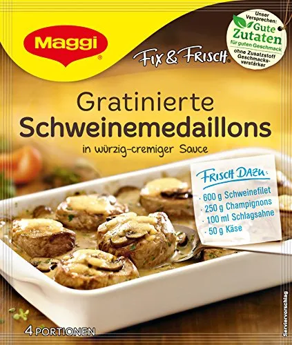 Maggi fix&frisch Gratinierte Schweine - Fertigsauce für köstliche gratinierte Schweinemedaillons in Champignon-Rahm-Sauce, schnell zubereitet und ideal für ein schmackhaftes Abendessen.