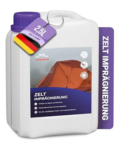 Alpenwert Zelt & Pavillion Imprägnierspray 2,5l - Imprägnier- & Pflegeprodukte für Camping & Outdoorgeräte, bietet langanhaltenden Nässeschutz ohne Beeinträchtigung der Atmungsaktivität – Made in Germany.