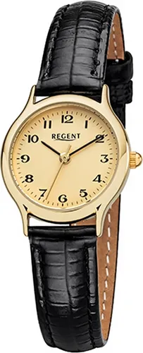 Regent Leder Damen Uhr F-970 - Elegante Quarzuhr in Schwarz - Armbanduhr für Damen aus der Regent Mini Kollektion mit elegantem gold-plattiertem Gehäuse, schwarzem Lederarmband und gelbem Ziffernblatt. Ideal für stilvolle Auftritte.