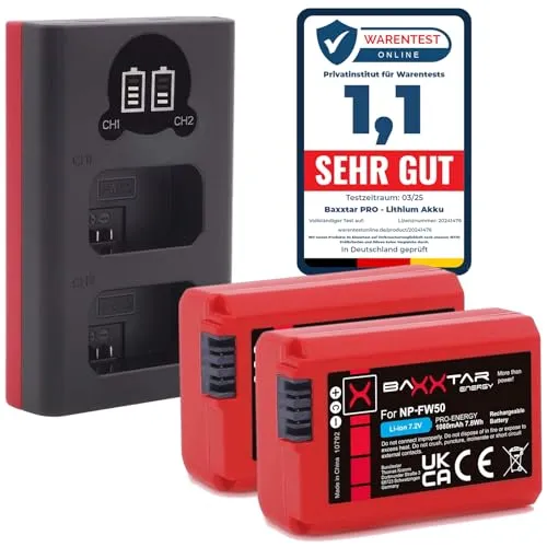 Baxxtar Pro NP-FW50 Akku (2X echte 1080mAh) mit Mini USB LCD DUAL Ladegerät (USB-C und MicroUSB) für Sony ZV-E10 A6000 A6100 A6300 A6400 A6500 A7 A7II A7R A7RII A7S A7SII A5100 A5000 RX10 NEX usw.