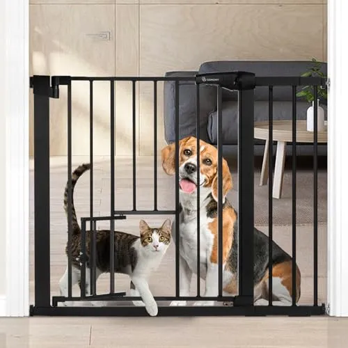 COMOMY Türschutzgitter mit Katzenklappe, 75-103cm Treppenschutzgitter ohne Bohren für Hunde und Katzen, Autoclose, Erweiterbar Türgitter Absperrgitter mit 7cm und 14cm Verlängerungen, Schwarz