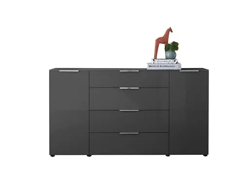 Stella Trading Sideboard Kommode SANTORIN Anthrazit 180 cm - Kommode & Sideboard in modernem Design mit Glasfront, bietet viel Stauraum und verstellbare Einlegeböden, ideal für Wohnzimmer oder Eingangsbereich.