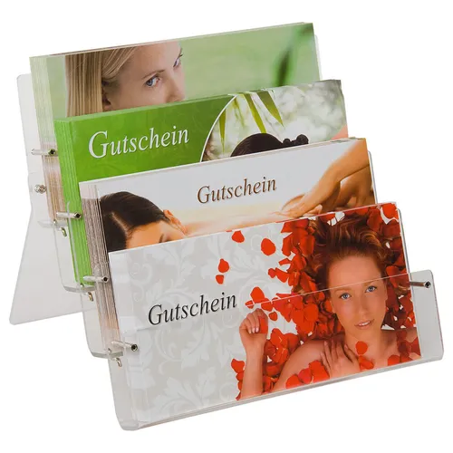 Gutschein-Set: 100 Gutscheine inkl. Acrylglas Ständer Prospekt Ständer, DIN lang