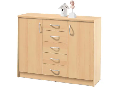möbelando Kommode Olli VII - Beistellschrank in Buche - Kommode & Sideboard mit 2 Holztüren und 5 Schubkästen, bietet großzügigen Stauraum und eine freundliche Ausstrahlung durch die hochwertige Buche Nachbildung.