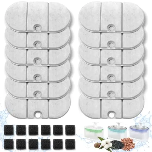 Packungen Katzenbrunnen Filter für Petlibro Capsule 71 FL oz/2.1 L Trinkbrunnen für Katze PLWF002, 12 Ersatzfilter mit Harz und Aktivkohle und 12 Vorfilterschwämme für Wasserspender Katzen 12