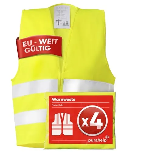 PURAHELP Warnwesten Auto 4er Set Europaweit gültig nach EN ISO 20471 - Reflektierende Warnweste Auto Gelb - Warnschutzweste - Sicherheitswesten für Erwachsene